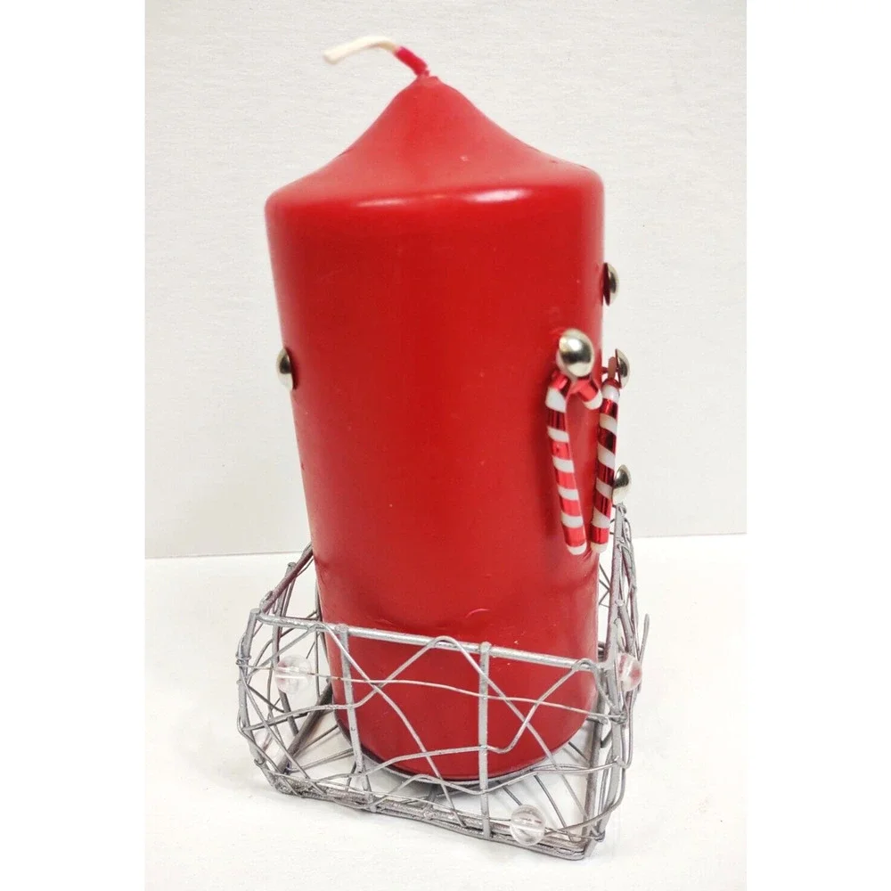 Handmade Christmas Candy Cane Pillar Candle 6oz w Wire Basket Red Holiday